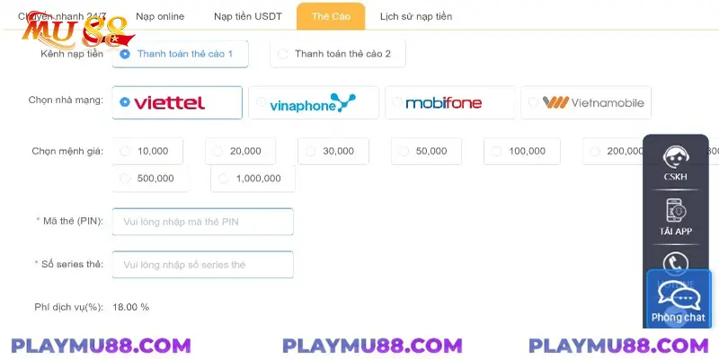Cách nạp tiền mu88